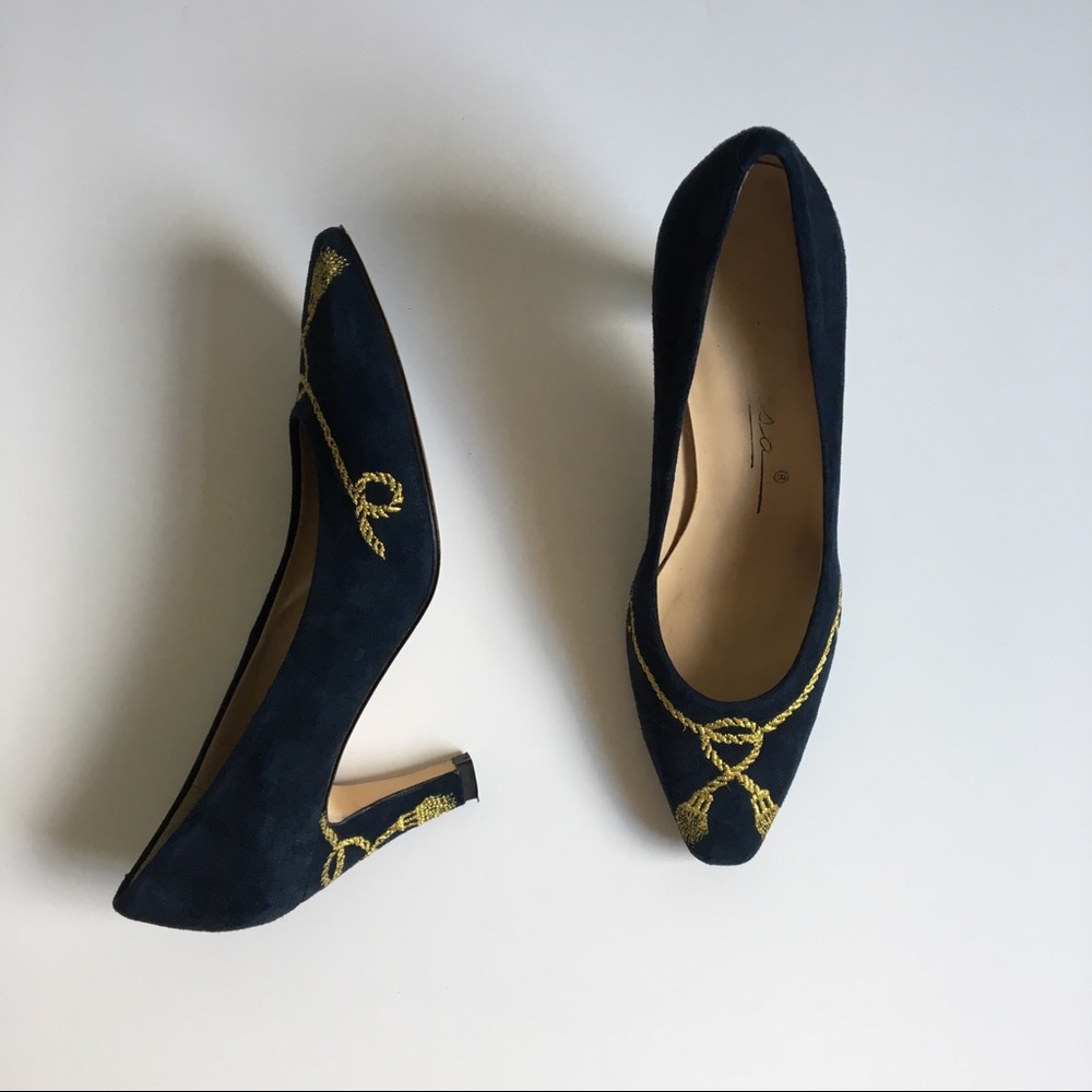 Navy Suede Gold Tassel Embroidered Vintage Heels
